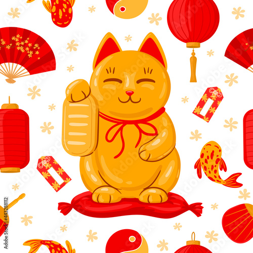 Japanese maneki neko banner. Good luck japan traditional cat, cute kawaii lucky maneki neko cartoon vector illustration. Cute maneki neko poster photo