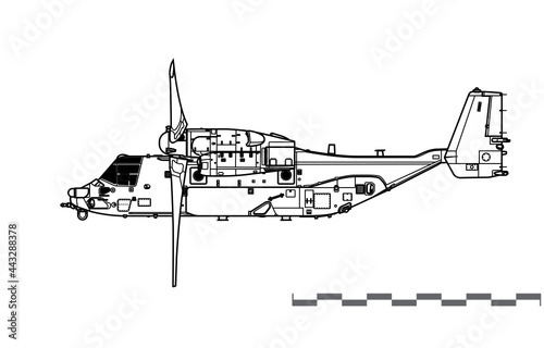 Bell Boeing CV-22B Osprey. Vector drawing of tiltrotor military transport aircraft. Side view. Image for illustration and infographics.