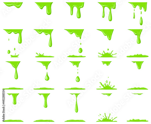Slime animation. Dripping green cartoon drops and splash, halloween liquid toxic slime blobs vector illustration set. Green slime animation
