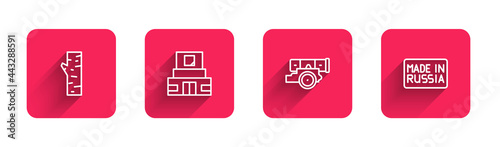 Set line Birch tree, Mausoleum of Lenin, Cannon and Made Russia with long shadow. Red square button. Vector
