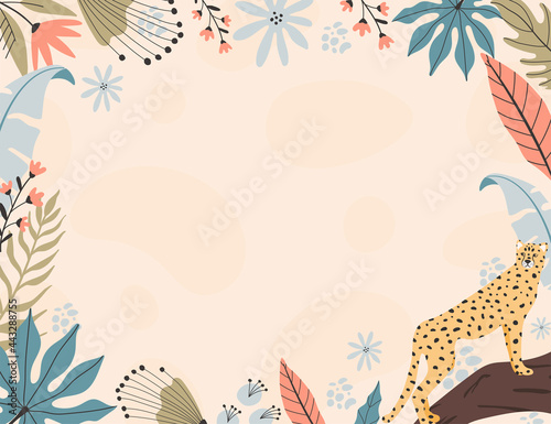 Tropical cheetah background, with hand drawn illustrations.
