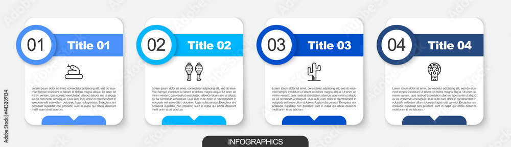 Set line Snake, Maracas, Cactus and Mexican skull. Business infographic template. Vector