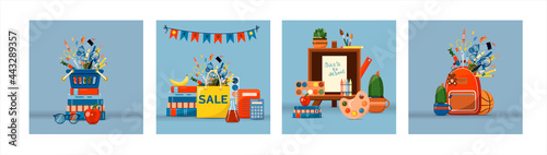 Back to school. Big vector set. Stationery for school, university and office. Cartoon school supplies. A set of colored icons. Flat illustrations for elementary school. Bright cut out cliparts