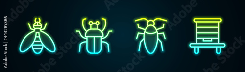Set line Bee, Stink bug, Cockroach and Hive for bees. Glowing neon icon. Vector