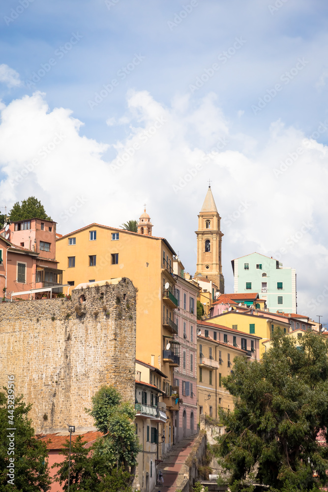 Ventimiglia village in Italy, Liguria Region, with a blue sky