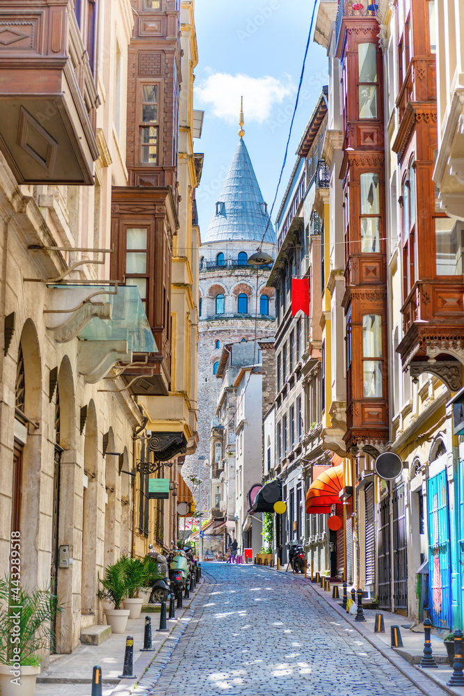 Galata tower landmark, Istanbul street in Turkey