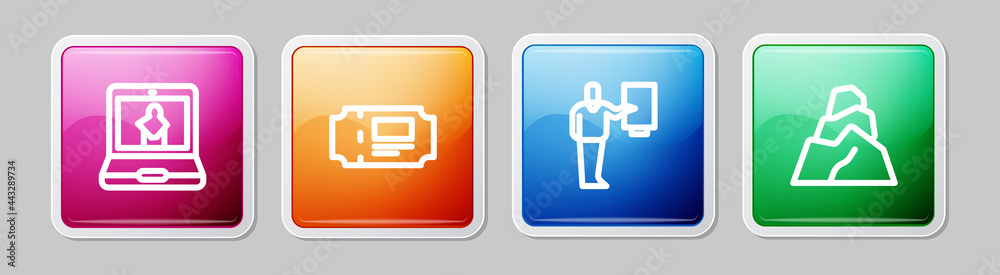 Set line Online museum, Museum ticket, guide and Rock stones. Colorful square button. Vector Set line Online museum, Museum ticket, guide and Rock stones. Colorful square button. Vector