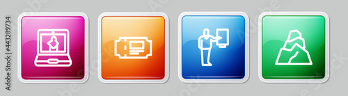 Set line Online museum, Museum ticket, guide and Rock stones. Colorful square button. Vector