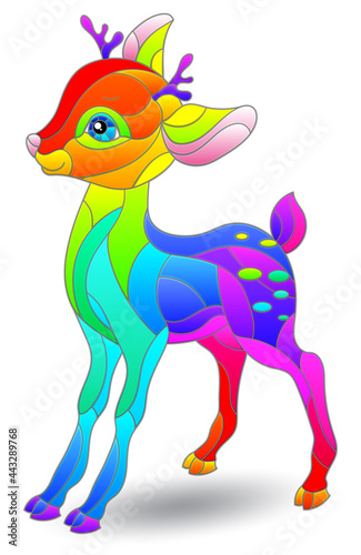 An illustration in the style of a stained glass window with a bright fawn, an animal isolated on a white background © Zagory