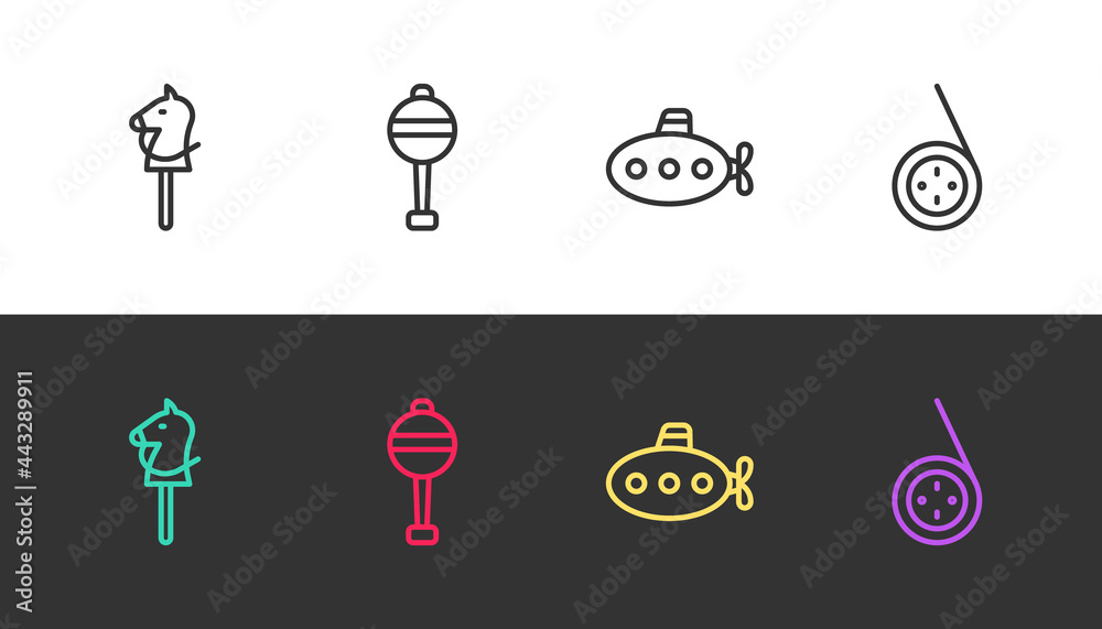 Set line Toy horse, Rattle baby toy, Submarine and Yoyo on black and white. Vector Set line Toy horse, Rattle baby toy, Submarine and Yoyo on black and white. Vector
