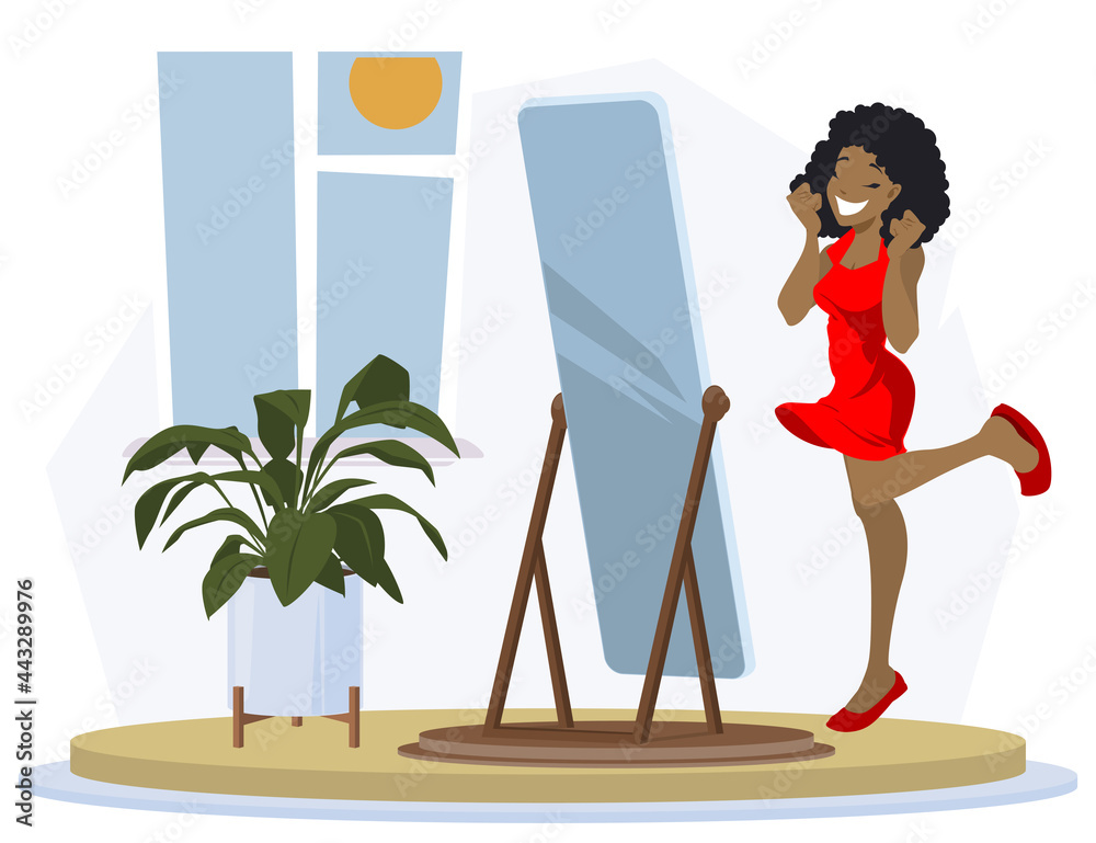 Happy girl in front of mirror. Successful shopping. Illustration for internet and mobile website.