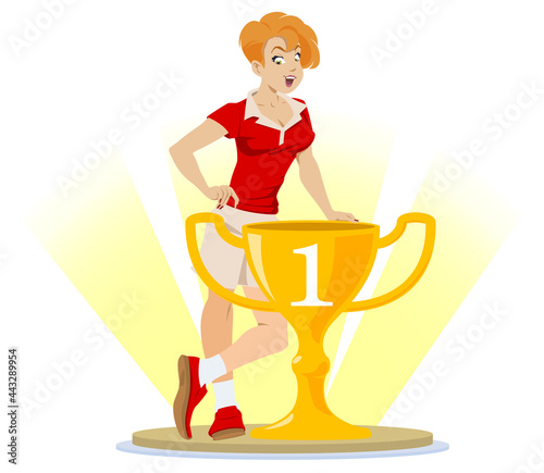Girl winner in first place on podium. Triumph of woman. Illustration for internet and mobile website.