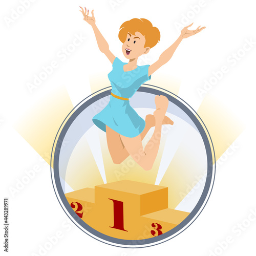 Girl winner in first place on podium. Triumph of woman. Illustration for internet and mobile website.