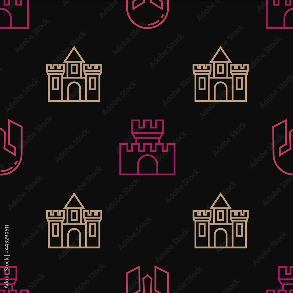 Set line Medieval iron helmet, Castle, fortress and on seamless pattern. Vector