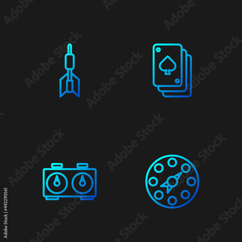 Set line Twister game, Time chess clock, Dart arrow and Playing cards. Gradient color icons. Vector