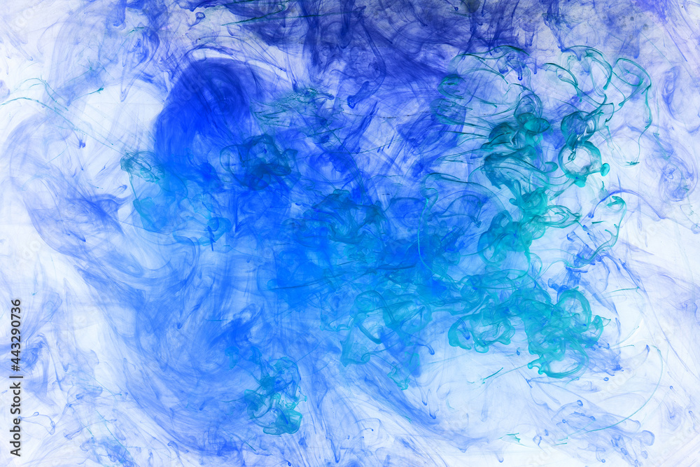 Abstract blue white background, fluid liquid art. azure swirling smoke cloud, paint sea, vibrant color