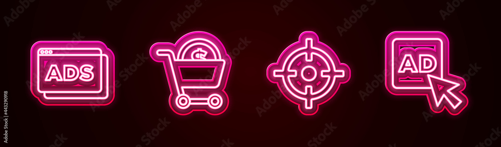 Set line Advertising, Shopping cart and dollar, Target sport and . Glowing neon icon. Vector Set line Advertising, Shopping cart and dollar, Target sport and . Glowing neon icon. Vector