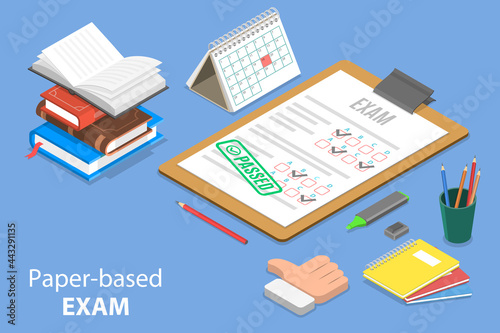 3D Isometric Flat Vector Conceptual Illustration of Paper Based Exam, Classic Education Test