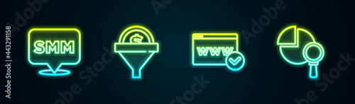 Set line Social media marketing, Lead management, Website template and Magnifying glass and analysis. Glowing neon icon. Vector
