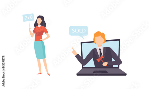 People Bidding in Internet Auction, Buyers and Auctioneer Selling Artworks Online Flat Vector Illustration