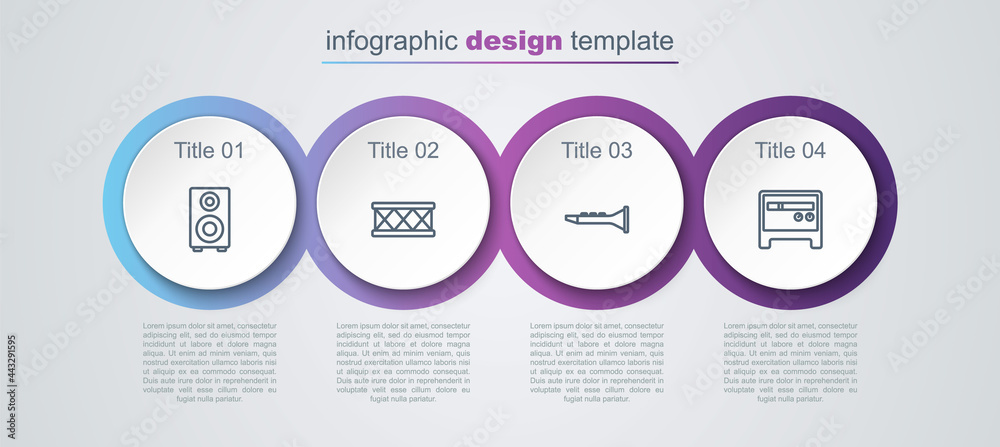 Set line Stereo speaker, Drum, Clarinet and Guitar amplifier. Business infographic template. Vector