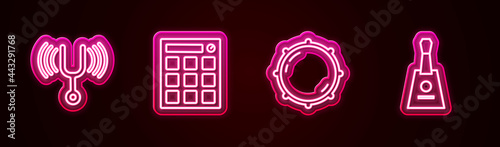 Set line Musical tuning fork, Drum machine, Dial knob level and Balalaika. Glowing neon icon. Vector