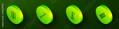 Set Isometric line Evacuation plan, Metal pike pole, Bucket extinguishing fire and Fire escape icon. Vector