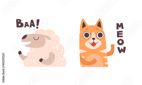 Cute Animals Making Sounds Set, Adorable Sheep, Cat Saying Baa, Meow Cartoon Vector Illustration