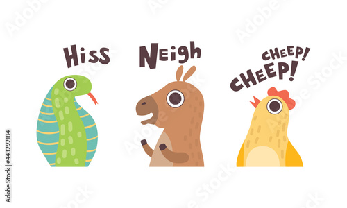 Cute Animals Making Sounds Set, Adorable Snake, Kangaroo, Chicken Saying Hiss, Neigh, Cheep Cartoon Vector Illustration
