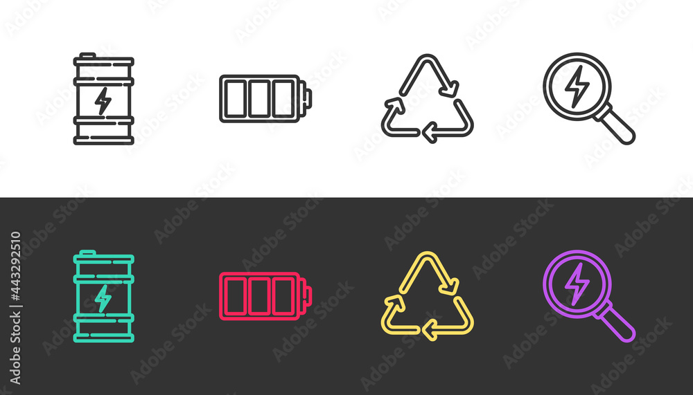 Set line Bio fuel barrel, Battery, Recycle symbol and Lightning bolt on black and white. Vector