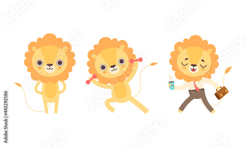 Adorable Lion Character Activities Set, Cute African Animal Exercising with Dumbbells and Walking at Work Wearing Business Suit Cartoon Vector Illustration