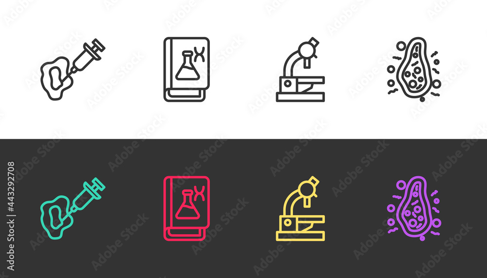 Set line Syringe, Genetic engineering book, Microscope and Bacteria on black and white. Vector