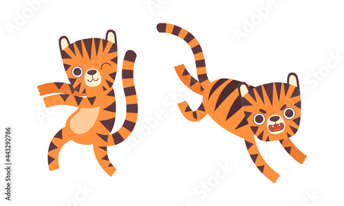 Cute Tiger Character Activities Set  Adorable Wild African Animal Dancing and Hunting Cartoon Vector Illustration