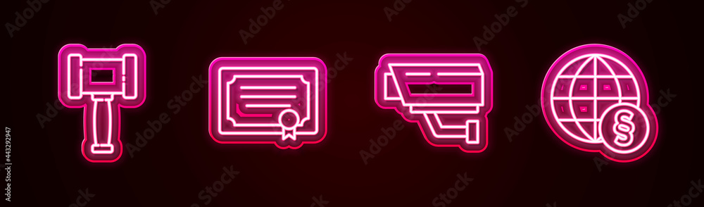 Set line Judge gavel, Certificate template, Security camera and International law. Glowing neon icon. Vector Set line Judge gavel, Certificate template, Security camera and International law. Glowing neon icon. Vector