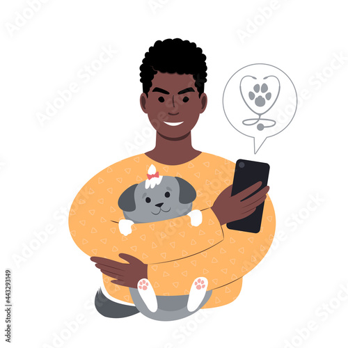 young african man with a tiny dog searching for veterinarian online from smartphone.