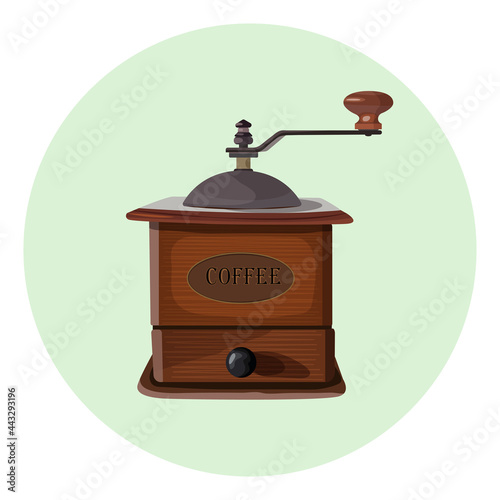 Classic manual coffee grinder. Colorful vector illustration in realistic style