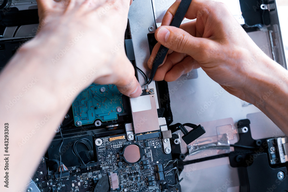 Hardware engineer technology maintenance. Computer chip electronic repair. Man technician pc service.