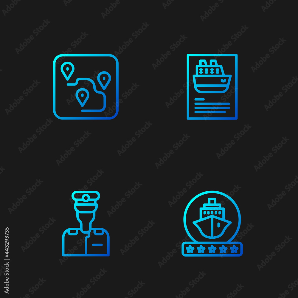 Set line Cruise ship, Captain of, Route location and . Gradient color icons. Vector Set line Cruise ship, Captain of, Route location and . Gradient color icons. Vector