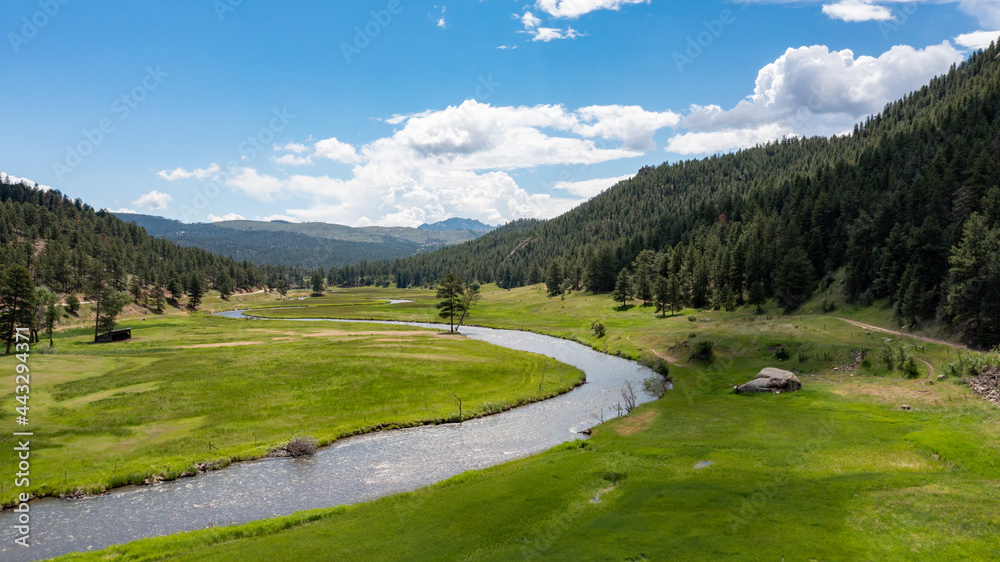 Aerial view of North Fork of the South Platte River in Pike National Forest, Colorado, USA.