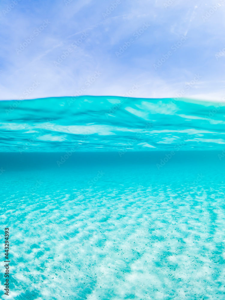 (Selective focus) Stunning view of half underwater sea and half blue sky. La Maddalena Archipelago, Sardinia, Italy. Concept, split, fifty fifty, natural background with copy space. (Selective focus) Stunning view of half underwater sea and half blue sky. La Maddalena Archipelago, Sardinia, Italy. Concept, split, fifty fifty, natural background with copy space.