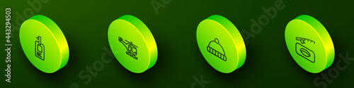 Set Isometric line Identification badge, Rescue helicopter, Winter hat and fishing icon. Vector