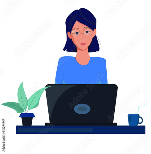 The girl works at the computer, work from home. A cozy workplace with a laptop for online training, freelancing. illustration, white background