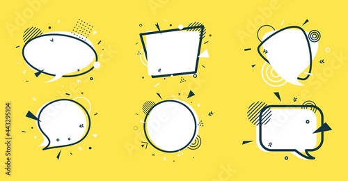 Set of white speech bubbles with abstract geometric shapes. Outline six stickers with black frames on yellow background. Flat banners with place for promotion text, price tag, sale ad. Vector