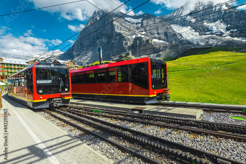 Modern cogwheel tourist trains waiting in the train station, Grindelwald, Switzerland