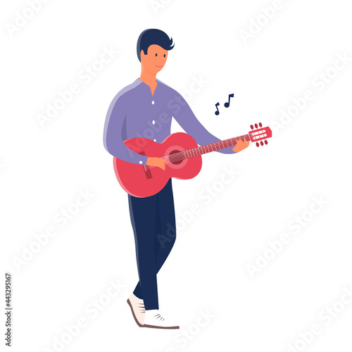 A young man stands and plays the guitar. Classical musical instrument. Fun mood. Vector isolated cartoon illustration