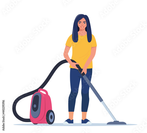 Woman Enjoy Cleaning House with Vacuum Cleaner. Smiling girl cleans the house. Woman character vacuuming the floor. Cleaning service. Housekeeping. Vector illustration.