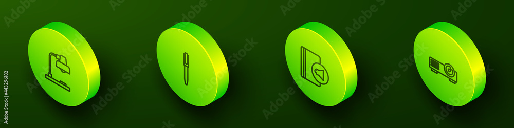 Set Isometric line Table lamp, Pen, Audio book and Movie, film, media projector icon. Vector Set Isometric line Table lamp, Pen, Audio book and Movie, film, media projector icon. Vector