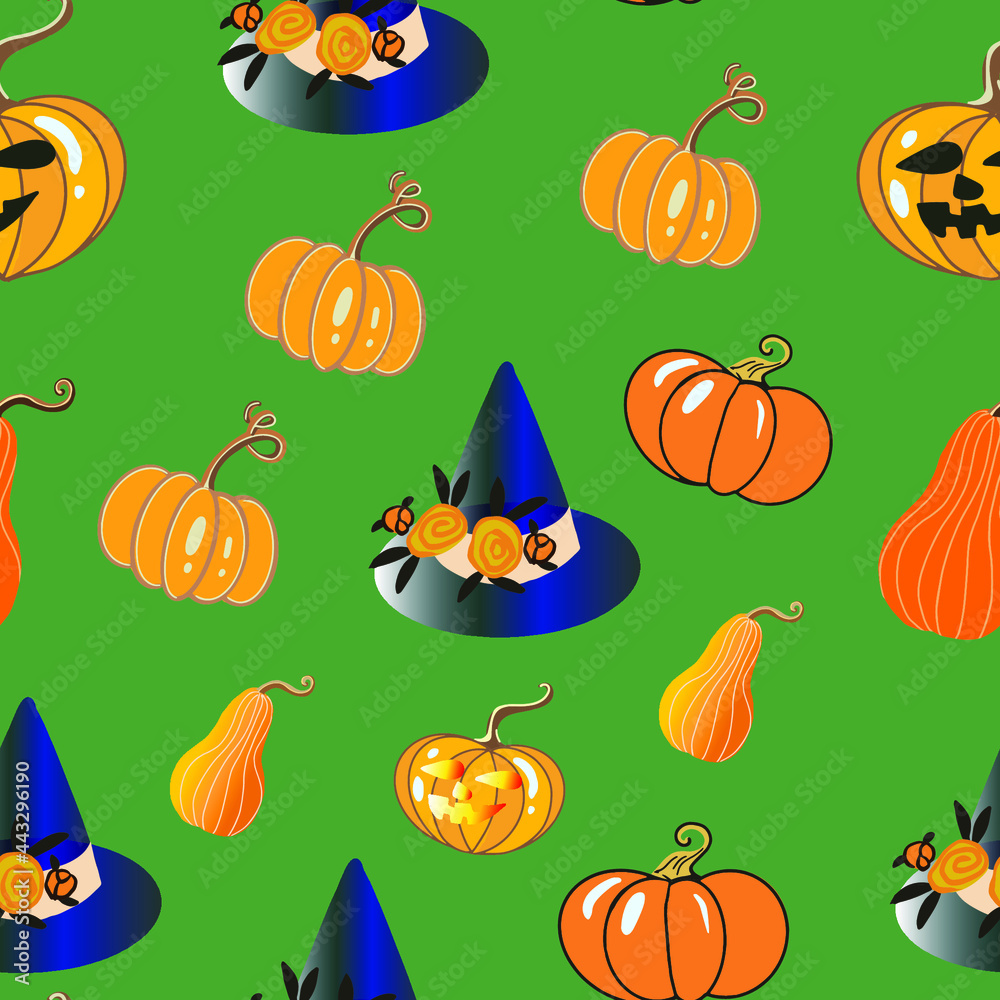 Happy Halloween seamless pattern. Pumpkin, hat on a green background.