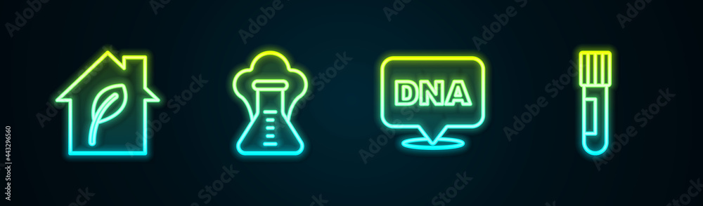 Set line Eco friendly house, Chemical explosion, DNA symbol and Test tube and flask. Glowing neon icon. Vector Set line Eco friendly house, Chemical explosion, DNA symbol and Test tube and flask. Glowing neon icon. Vector