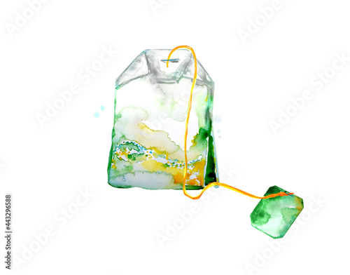 Tea bag watercolor plant relaxing herbal tea natural benefit watercolor illustration white background. Moment of relaxation hot drink infusion